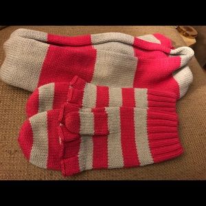 Pink and Grey striped flip top mittens and scarf